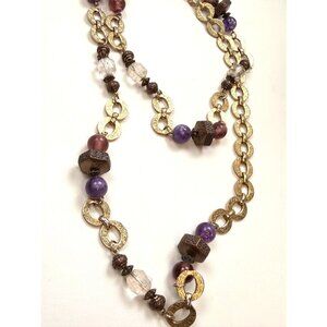 Vintage-Inspired Long Gold Chain Necklace With Purple & Burgundy Beads Textured